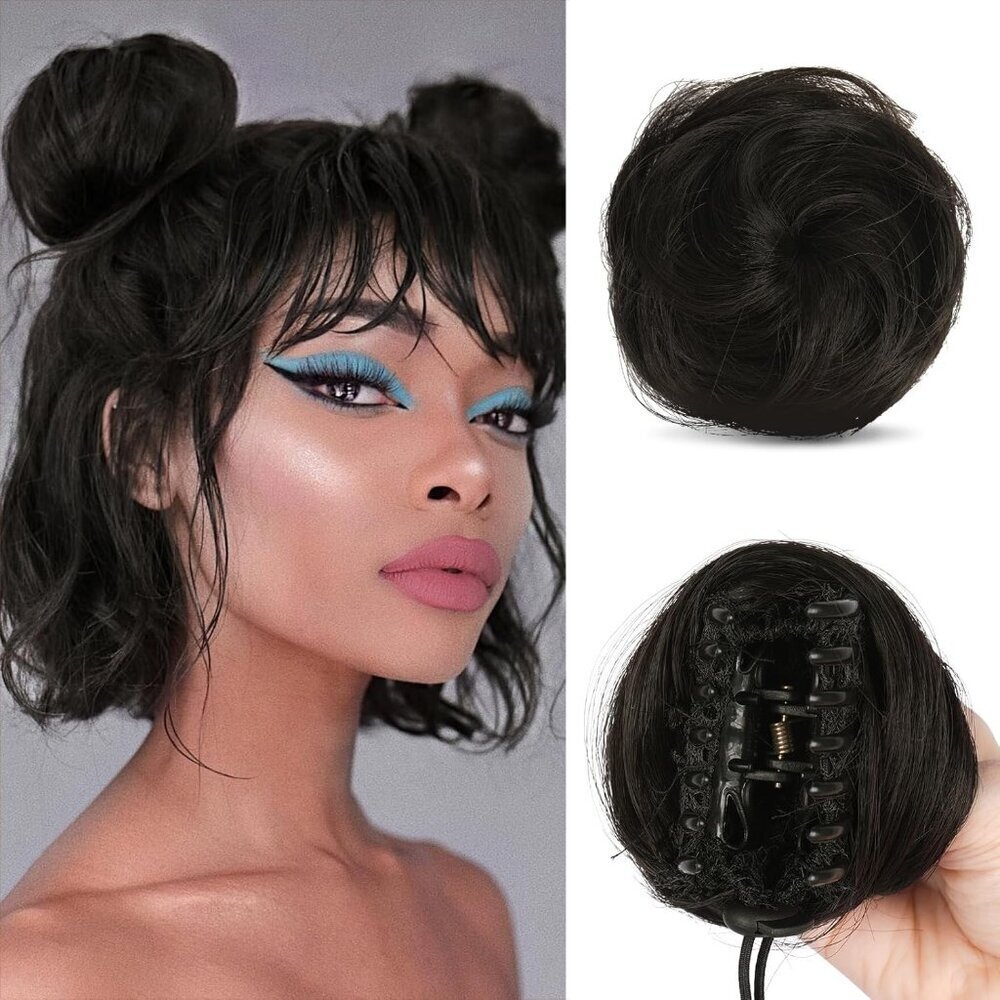Mini Claw Clip Hair Bun Extension Synthetic Dark Brown Messy Cat Ears